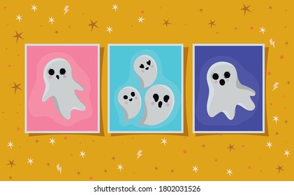 Halloween ghosts cartoons in frames design, Holiday and scary theme Vector illustration