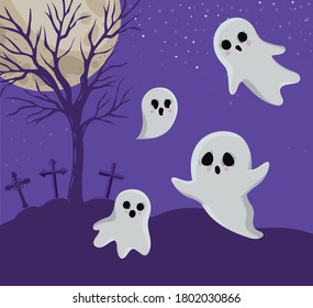 Halloween ghosts cartoons in front of cemetery design, Holiday and scary theme Vector illustration