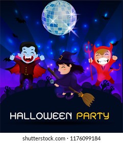 Halloween Ghosts character. Dracula, witches and demons come together for the Halloween party. In the background, purple and disco lights.