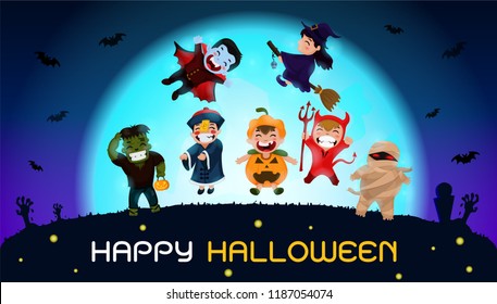 Halloween Ghosts Charector. The ghosts Join the fun party on Halloween. The vampire, the witch, the Chinese ghost, the mummy, the devil, the pumpkin moon, the blue moon background.