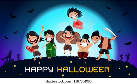 Halloween Ghosts Charector. Thai ghosts join fun party in Halloween festival of westerners. the blue moon background.