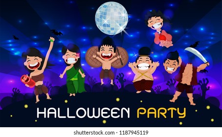 Halloween Ghosts Charector. Thai ghosts join fun party in Halloween festival of westerners. entertainment and disco lights.
