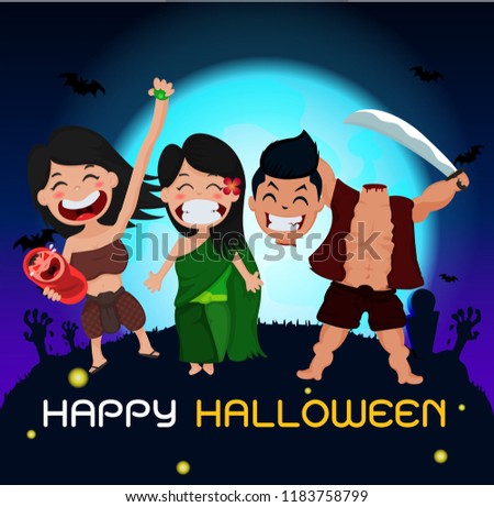 Halloween Ghosts Charector Thailand Ghosts Attended Halloween Party In Full Moon Blue Background With Halloween Ghosts Charector Thailand Ghosts Attended Halloween Party In Full Moon Blue Background With