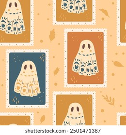 Halloween ghosts checked seamless pattern. Bento box repeat background. Festive ghoul with decorated sheet retro stamps endless surface design. Vector hand drawn flat illustration.