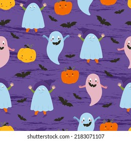 Halloween ghosts. Children in Halloween costumes, pumpkins. Flat illustration. Vector seamless pattern.