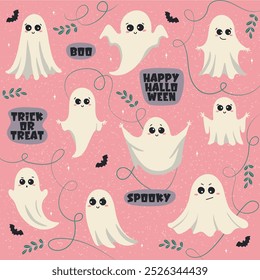 Halloween ghosts collection. Kawaii ghosts lettering and decoration elements. Holiday design. Vector illustration.