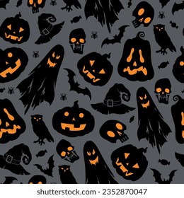 Halloween ghosts colorful pattern seamless with pumpkins with glowing mouth and eyes and bats near witch hats vector illustration