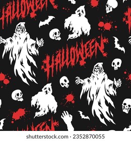 Halloween-Gespenster mit farbenfrohen, nahtlosen Mustern und gruseligen fliegenden Monstern und Blutsplatten in der Nähe von Schädel und Fledermäusen, Vektorgrafik