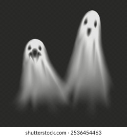 Halloween ghosts with creepy faces. Vector isolated set of apparitions with blurry bodies. Flying haunted monsters, spooky ghouls or spirits effect. Decor for invitation card or party