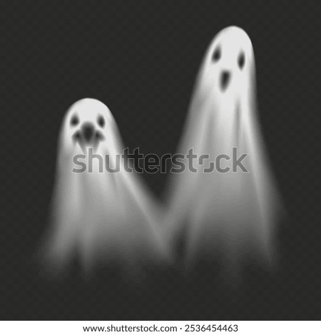 Halloween ghosts with creepy faces. Vector isolated set of apparitions with blurry bodies. Flying haunted monsters, spooky ghouls or spirits effect. Decor for invitation card or party