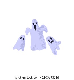 Halloween-Gespenster. Kluge lustige Bootfiguren. Geräumige Phantome im Doodle-Stil. Gruseliges Grauen verdirbt die Familie. Childische flache Vektorgrafik von Haloween-Ghouls mit Gesichtern einzeln auf weißem Hintergrund