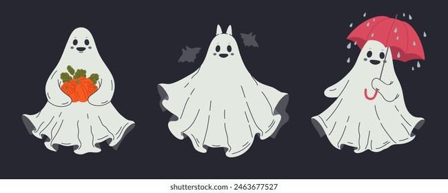 Halloween ghosts. Cute ghosted spooky spirits, cheerful phantoms, spooky night shadows flat vector illustrations set. Cartoon ghosts