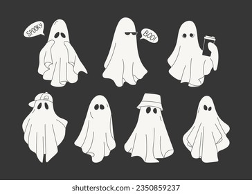 Halloween ghosts. Cute spooky cloth monsters trick or treat characters, abstract doodle scary silhouettes. Vector isolated set