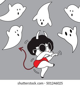 Halloween Ghosts And A Cute Vampire Girl Card Character illustration