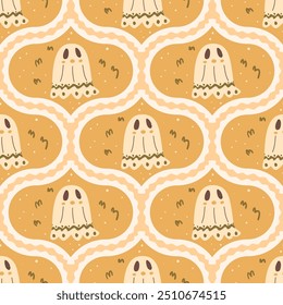 Halloween ghosts damask seamless pattern. Traditional repeat background. All Hallows' Eve retro endless design. Vector hand drawn flat illustration.