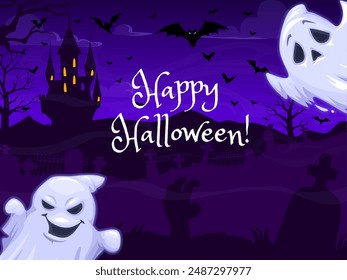 Halloween ghosts, dark castle, cemetery silhouette and flock of bats against the night sky. Vector banner or greeting card features mischievous, translucent spooks hovering over a spooky landscape