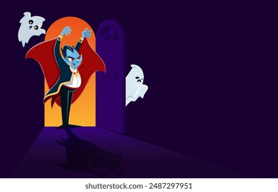 Halloween ghosts and Dracula vampire at the door arch. Vector spooky phantoms with hollow eyes and sad faces float near glowing doorway, as a bloodsucker with raised arms casting eerie shadow on floor