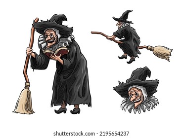 Halloween Ghosts Evil Witch Riding Broom