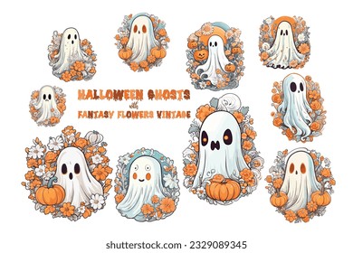 Halloween ghosts with fantasy flowers vintage set, vector illustration