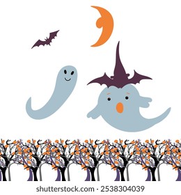 Halloween ghosts flying above the trees. 