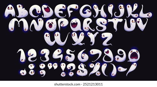 Halloween ghosts font, scary typeface, horror evil type, spooky monster alphabet vector typography set. Cartoon white ghost, night phantom and evil spirit characters in shape of letters and numbers