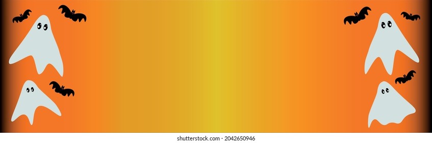Halloween ghosts with funny bats on an orange yellow background. Happy halloween holiday. Banner. Vector illustration in a flat style. Copy space