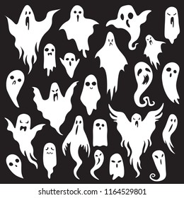 Halloween ghosts. Ghostly monster with Boo scary face shape. Spooky ghost white fly fun cute evil horror silhouette for scary october holiday design or costume, flat vector isolated icon set