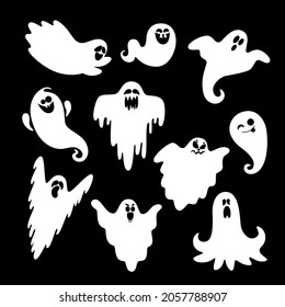 Halloween ghosts. Ghostly monster with Boo scary face shape. Halloween boo spooky symbol flying above the ground.