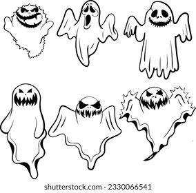 Halloween ghosts, Ghostly monster with Boo scary face, Spooky ghost flat vector icon set