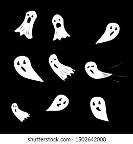 Halloween ghosts. Ghostly monster with scary face shape. Ghost white fun cute evil horror. Fantasy silhouette for scary october. For holiday design or costume, etc. Flat vector. Isolated icons set.