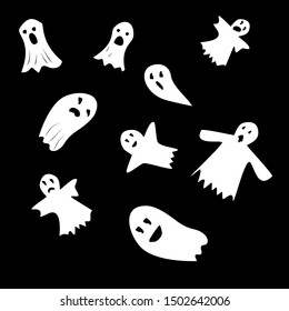 Halloween ghosts. Ghostly monster with scary face shape. Ghost white fun cute evil horror. Fantasy silhouette for scary october. For holiday design or costume, etc. Flat vector. Isolated icons set.