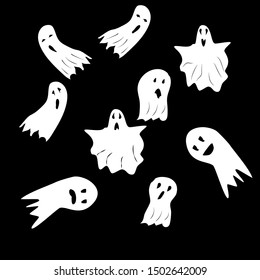 Halloween ghosts. Ghostly monster with scary face shape. Ghost white fun cute evil horror. Fantasy silhouette for scary october. For holiday design or costume, etc. Flat vector. Isolated icons set.