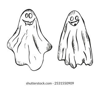 Halloween ghosts in hand drawn style on white background. Line art Sketch Cute Funny Ghost set for modern cards, posters, banners, social media, web, sales. Vector illustration elements.