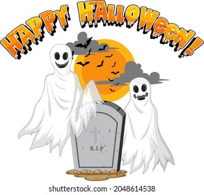 Halloween Ghosts with Headstone on white background illustration