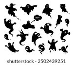 Halloween. Ghosts icon set. Collection of various scary and funny ghosts and animal ghosts. Magic symbols for parties, celebrations, templates and decorations. Isolated silhouette. Vector