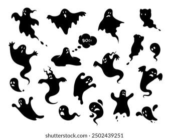 Halloween. Conjunto de iconos de fantasmas. Colección de varios fantasmas aterradores y divertidos y fantasmas de animales. Símbolos mágicos para fiestas, celebraciones, Plantillas y decoraciones. Silueta aislada. Vector