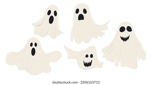 Halloween. Conjunto de iconos de fantasmas. Colección de varios fantasmas aterradores y divertidos aislados sobre un fondo blanco. Fantasmas divertidos horribles en estilo de dibujos animados para niños