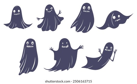 Halloween. Ghosts icon set. Collection of various scary and funny ghosts set isolated on a white background. Horrible funny ghosts in children's cartoon style