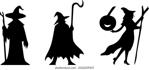 Halloween. Icono de fantasmas de varios fantasmas aterradores y divertidos y fantasmas de animales. Símbolos mágicos para fiestas, celebraciones, Plantillas y decoraciones. Silueta aislada. Vector