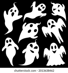 Colección de iconos de los fantasmas de Halloween en estilo plano. Iconos blancos aislados en el fondo negro.