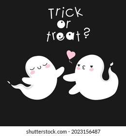 Halloween Ghosts In Love. Spooky Ghost And Heart. Trick Or Treat. 
Cute Kawaii Spirit In Flat Style. Banner Poster On Happy Halloween.