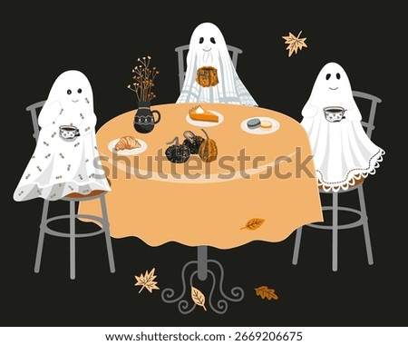 Halloween ghosts meeting vector illustration. Cute sheet ghosts sitting at the table under the tree and drinking tea with pumpkin pie. Halloween celebration scene