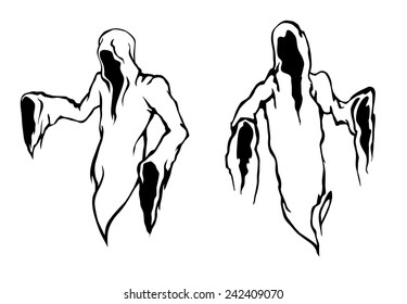 Halloween ghosts and monsters with the frightening empty hooded robes of the Grim Reaper or a monk in black and white vector designs