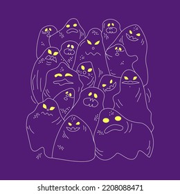 Halloween. Ghosts and monsters. Images of the scary dead. Scary monsters, ghosts. Vector illustration in doodle style. Isolated background.	