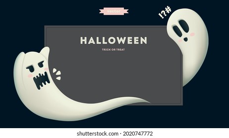 halloween ghosts on card with copy space. halloween ghost cartoon character 3d vector illustration on dark banner