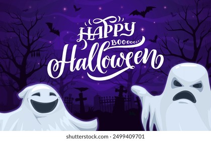 Halloween ghosts on cemetery. Vector party banner with cartoon spooks saying boo at holiday night background with graveyard landscape, tomb silhouettes, spooky flying bats, ravens and creepy trees