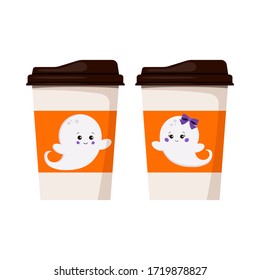 Halloween ghosts on paper coffee or tea cup to go icon set isolated on white background. Flying ghost boy and girl with bow vector flat cartoon style illustration. Design element for card, banner, web