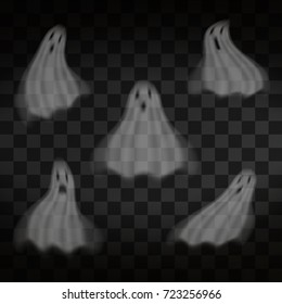 Halloween. Ghosts on transparent background. Flying scary transparent ghost characters. Vector
