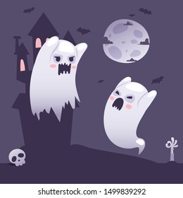 Halloween ghosts outside a haunted old castle at night, cartoon style vector illustration. Ghost parent teaches ghost child to scare people. Cute halloween characters