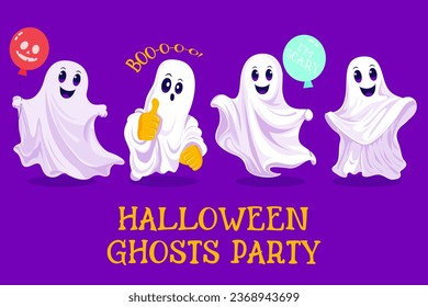 Halloween ghosts party poster with flying and balloons it’s. Four Ghosts with funny face on Happy Halloween banner. Happy spirit, phantasma, phantom, ghost, vision, shadow, shadow, soul on vector desi